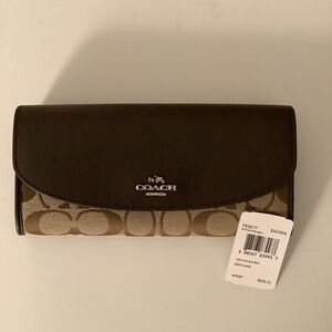Coach Slim Wallet Clutch Khaki Signature with Mahogany Leather F53617 NWT